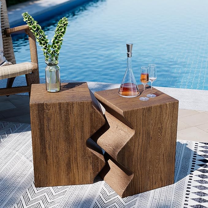 Concrete Side Table Set of 2, Outdoor Accent Table for Patio