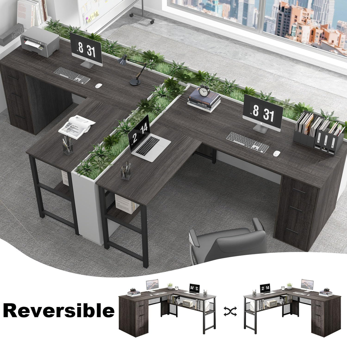 L Shaped Desk with Storage Cabinets, Reversible Home Office Corner Desk