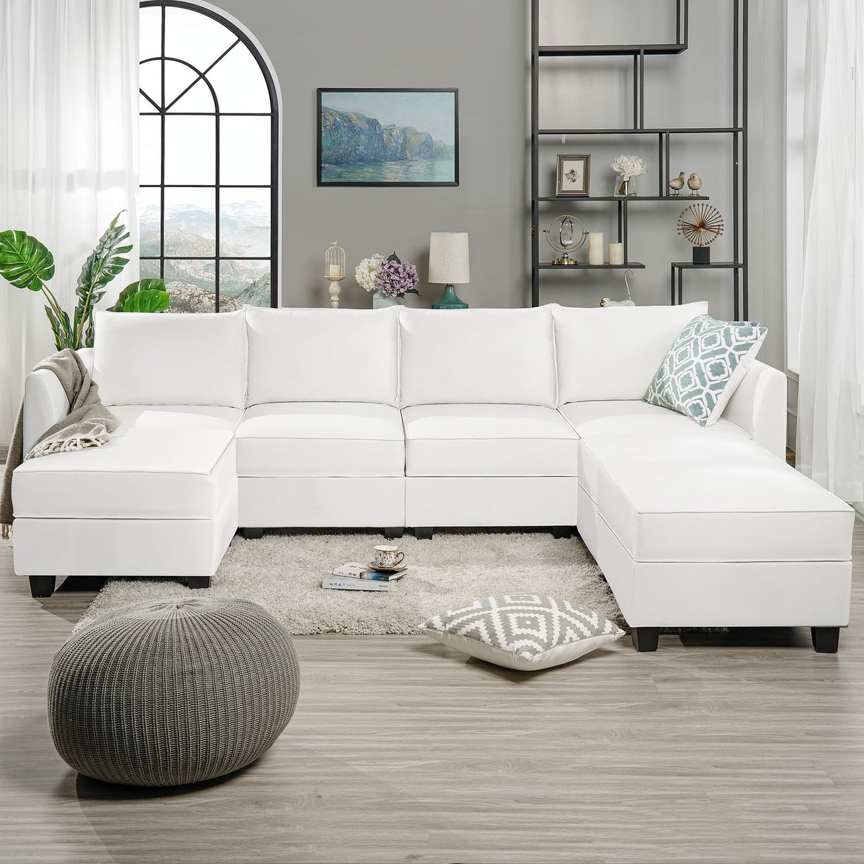 Elizabeth Modular Sectional Sofa Linen U Shaped Couch with Ottomans Convertible Sectional Couch 7-Seater Sofa with Storage Seat, L- Shaped Sectional Sofa - White Down