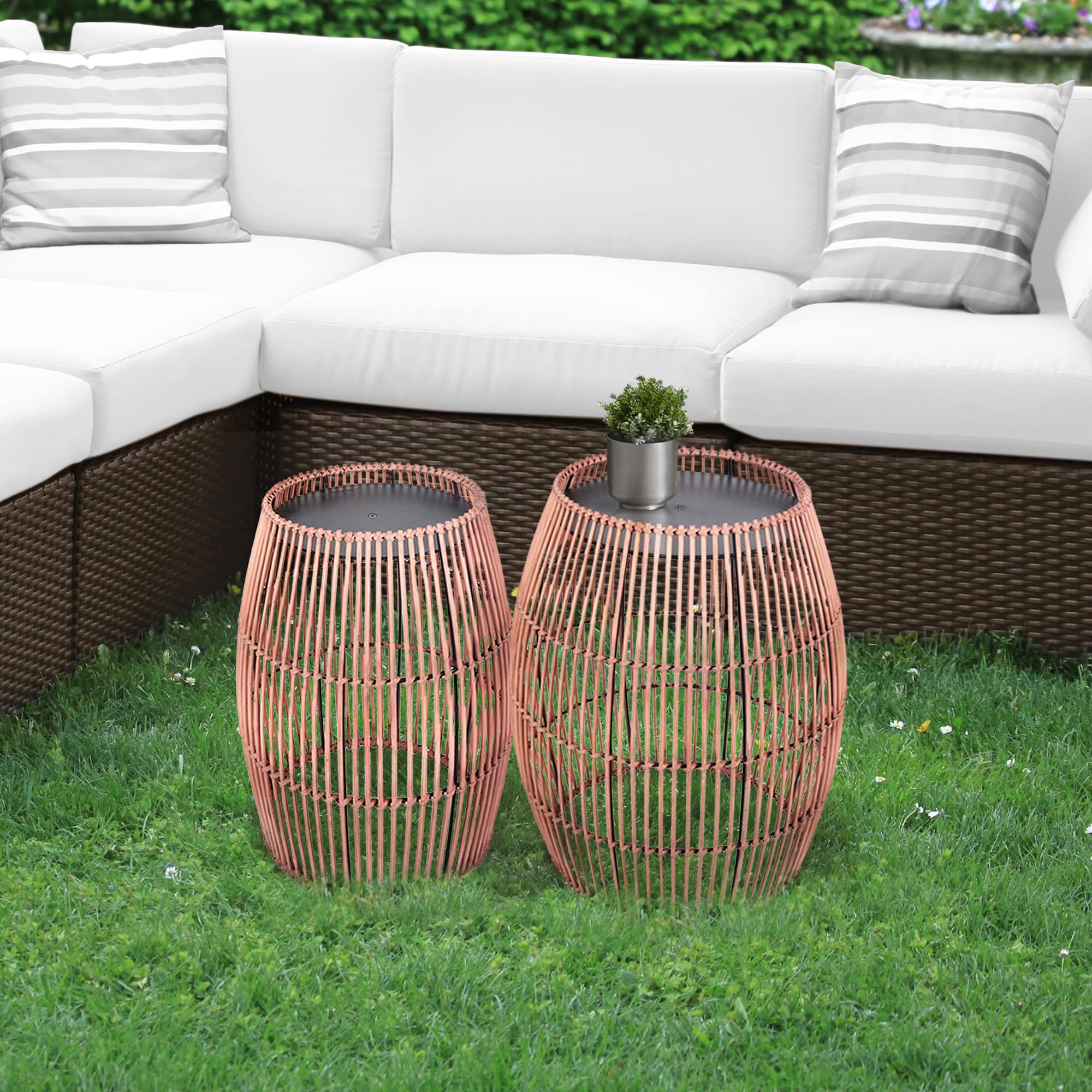 Teamson Home Outdoor Garden Small Round Drum Patio Side Table, 12.5 Inch Plant Stand in Bamboo Wicker, Weather Resistant, Outdoor Garden Décor, Brown - Bircata