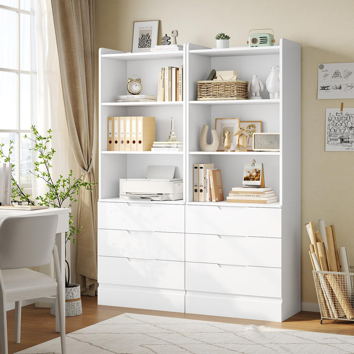 73.23'' Tall Storage Cabinet Bookcase with 3 Drawers and 3-Tier Open Shelves Wooden Bookshelf Kitchen Pantry