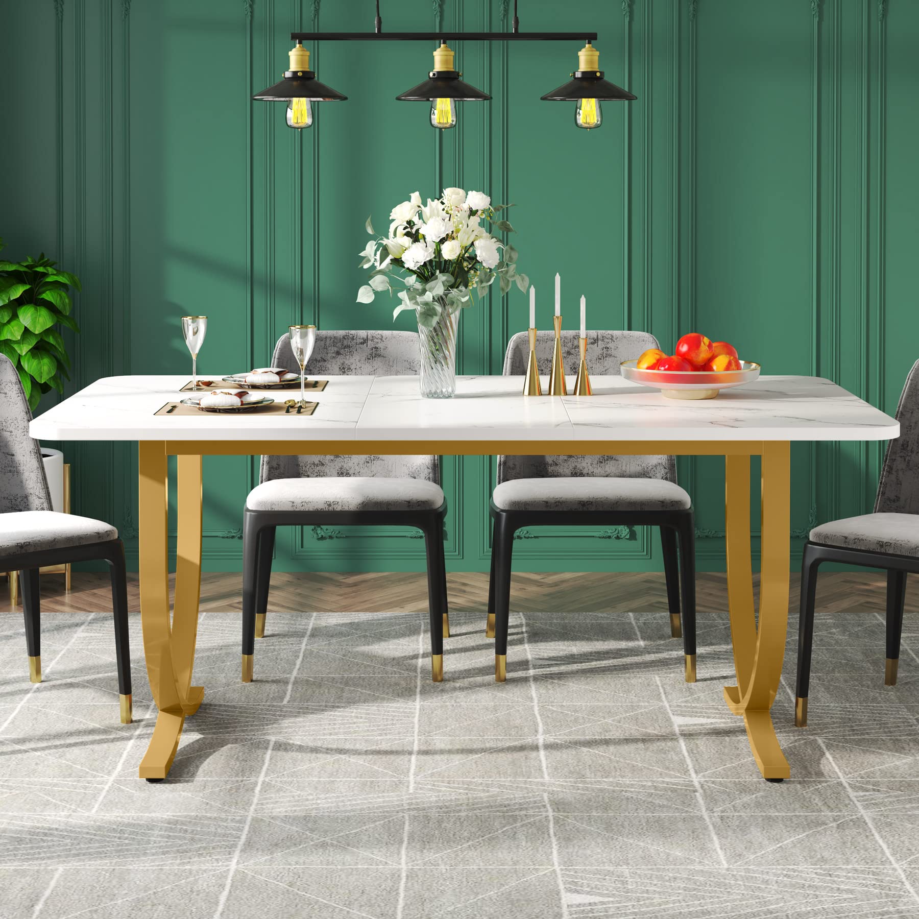 Dining Room Table, Kitchen Table with Faux Marble Table Top and Gold Metal Legs