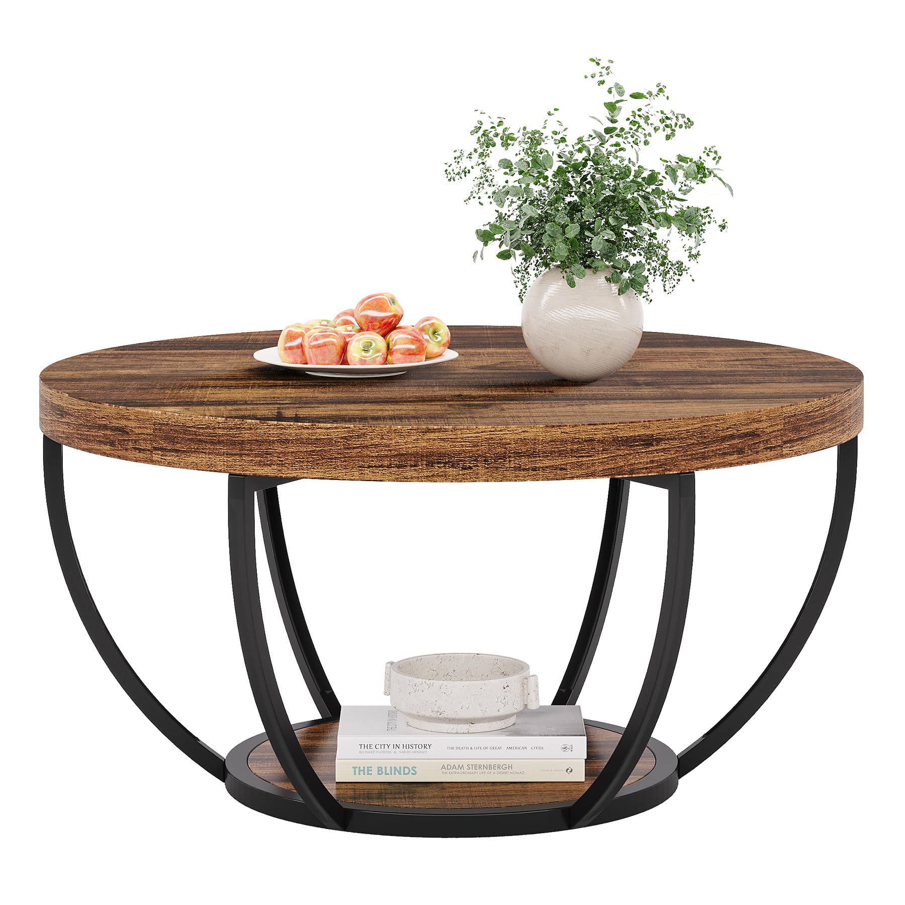 Round Coffee Table, 31.7" Wooden 2-Tier Circle Coffee Table with Storage Shelves
