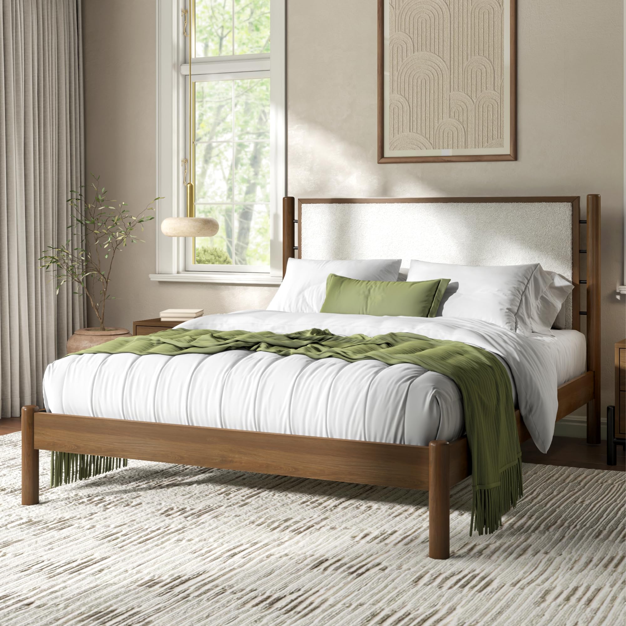 Queen Size Solid Wood Bed Frame with Upholstered Boucle Headboard