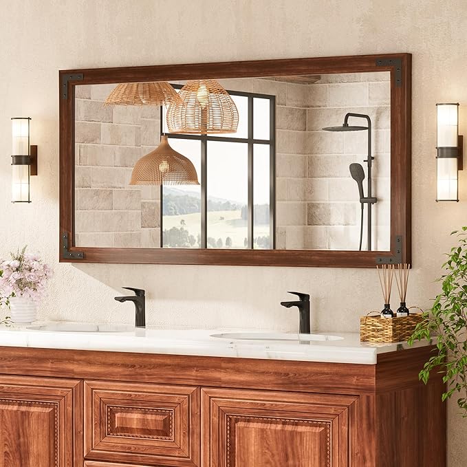 60 x 36 Inch Rustic Bathroom Mirror Wood Frame, Dark Brown Farmhouse Natural