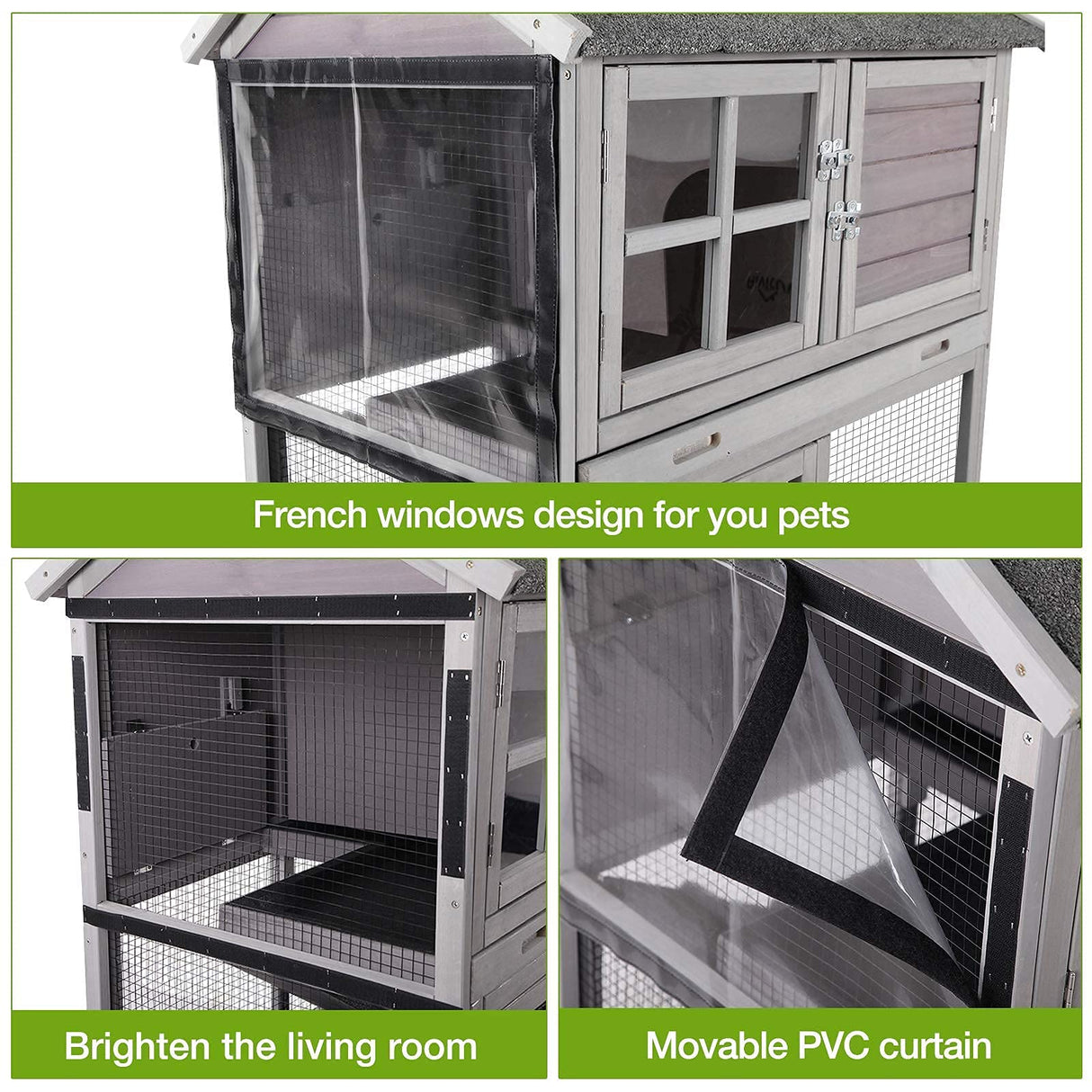 Rabbit Hutch Indoor Outdoor Bunny Cage Rabbit House with Movable Wire Netting