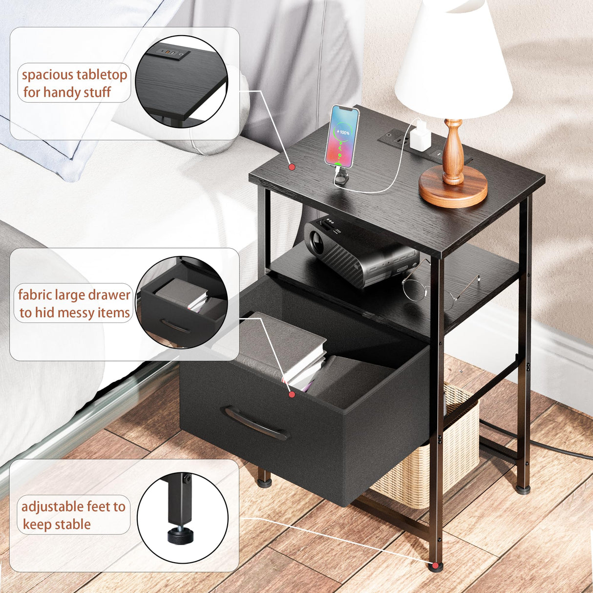 Nightstands Set of 2 with Fast Charging Station and Drawer, End Table Bedside Table