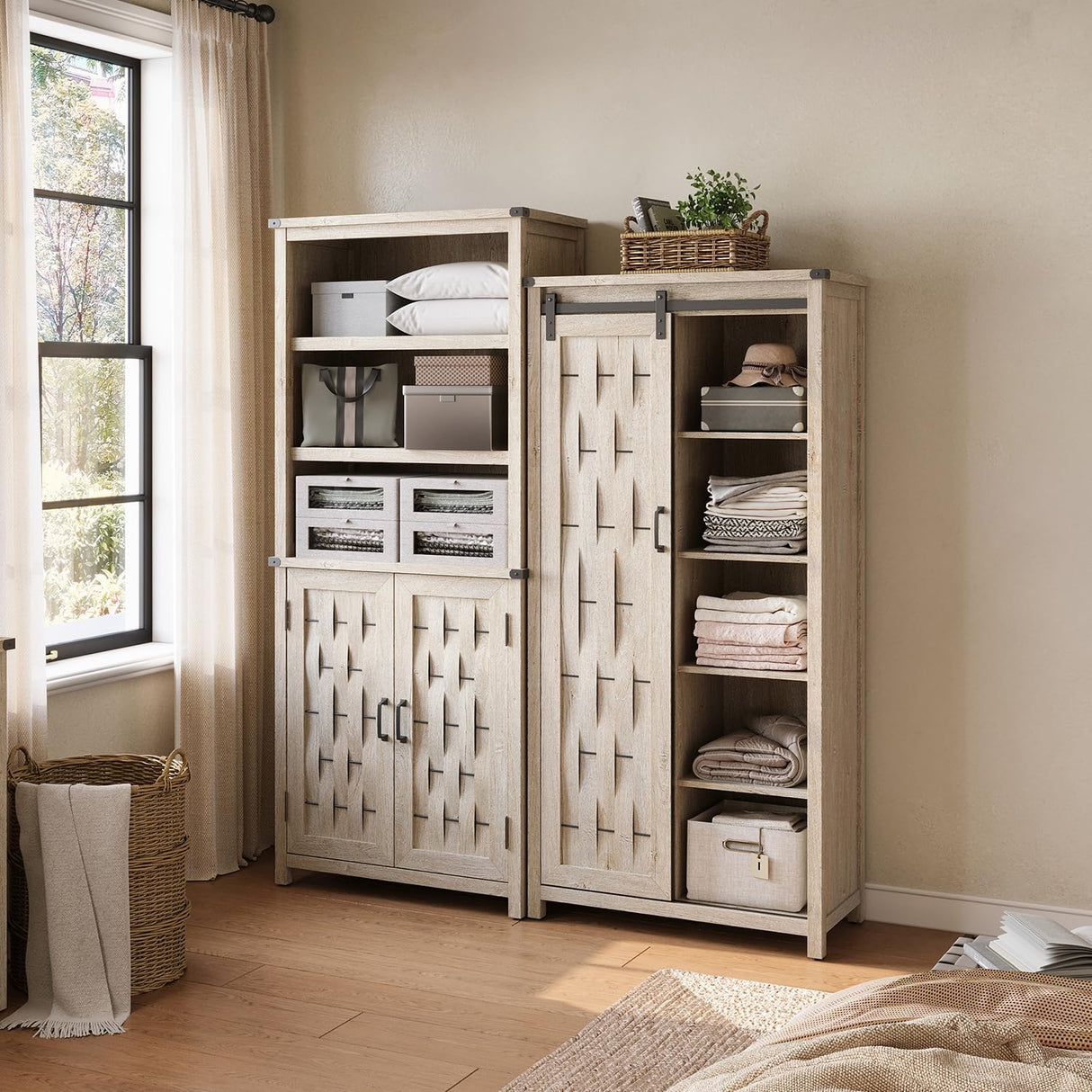 Farmhouse Storage Cabinet, 65" Tall Kitchen Pantry Cabinet with Sliding Barn Door