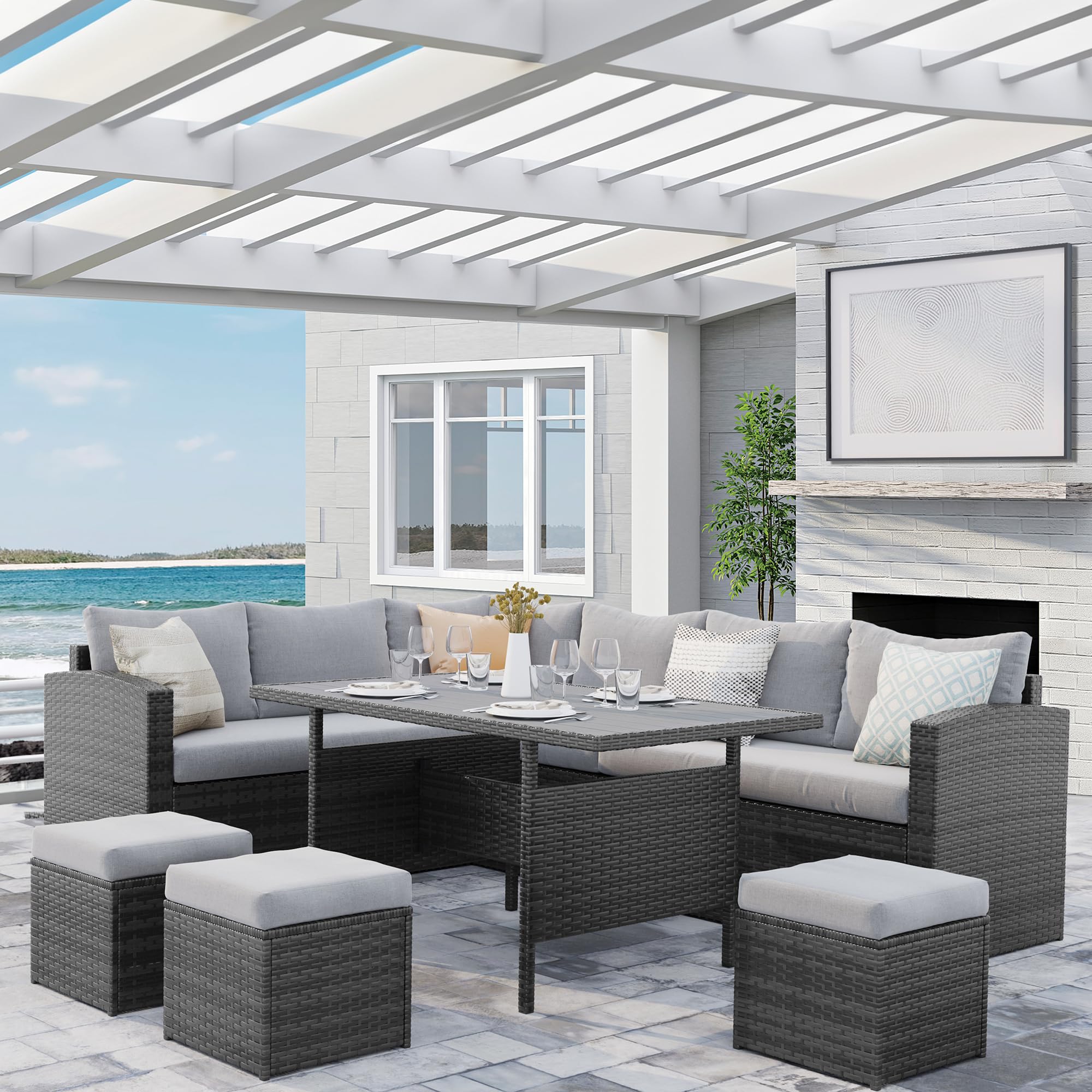 7 Piece Patio Furniture Set, All Weather Wicker Patio Conversation Sets with Cushion Seat