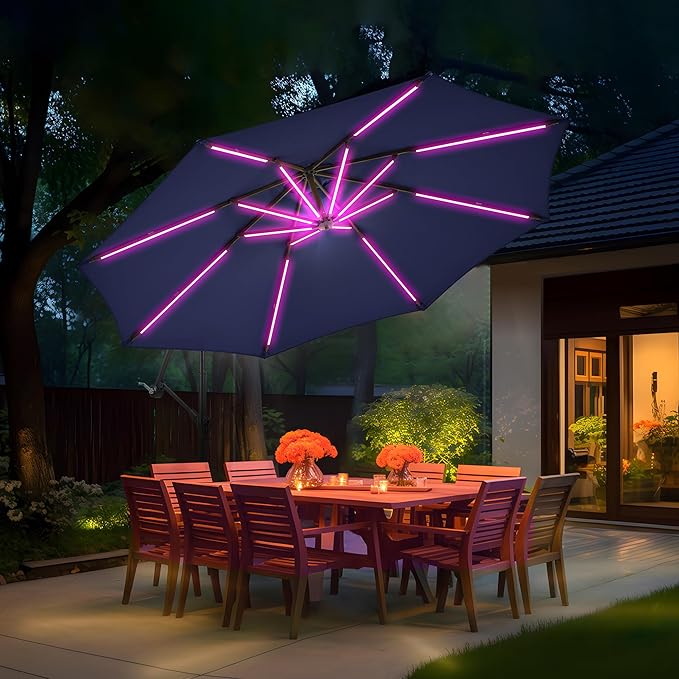 10 ft Offset Patio Umbrella with Stands Included, Large Cantilever Umbrella Outdoor Patio with Solar Lights, Dual Charging, 8+ Light Modes, Heavy Duty, for Pool, Deck, Market, Tan
