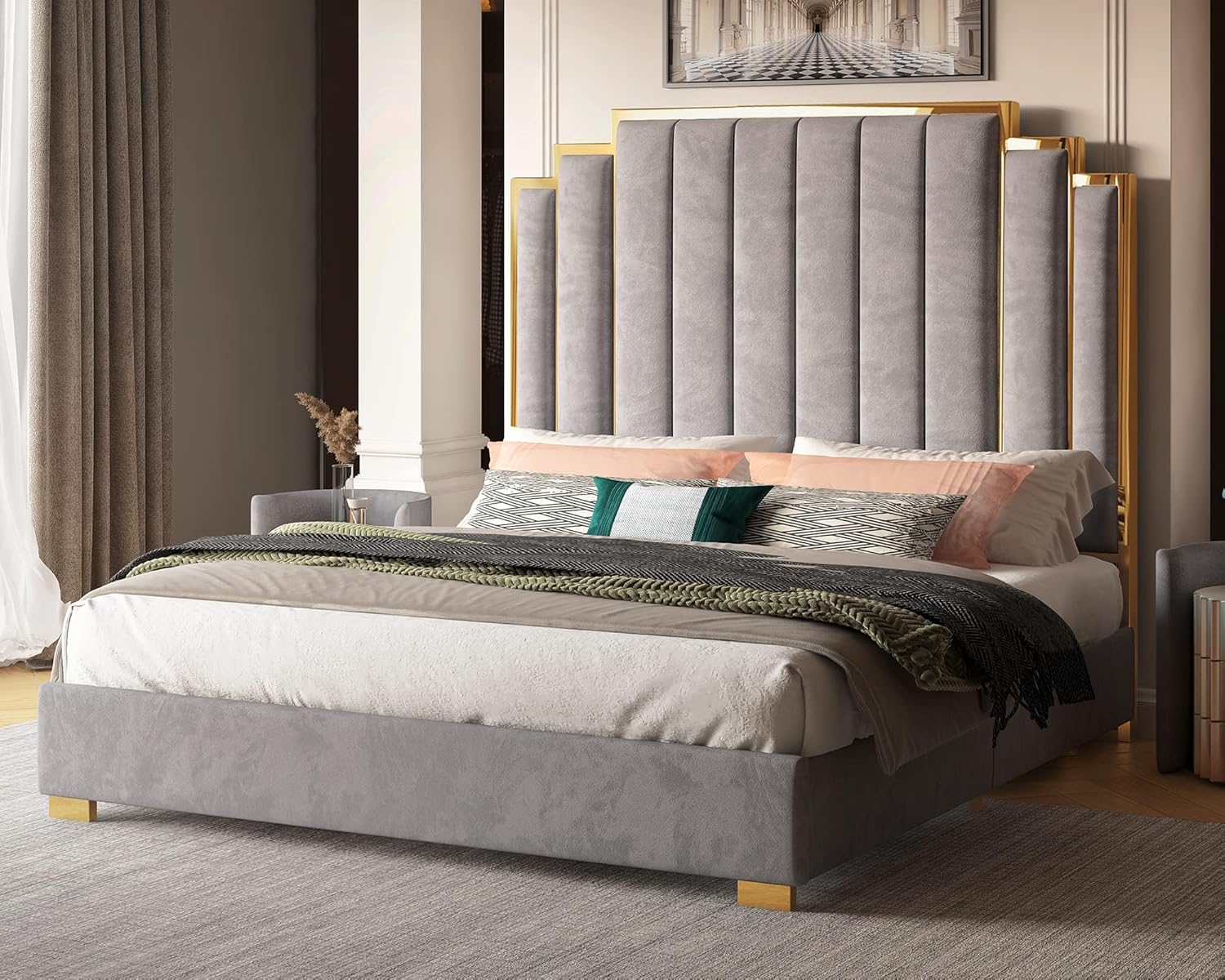 California King Platform Bed Frame - 65" Velvet Upholstered with Gold Trim