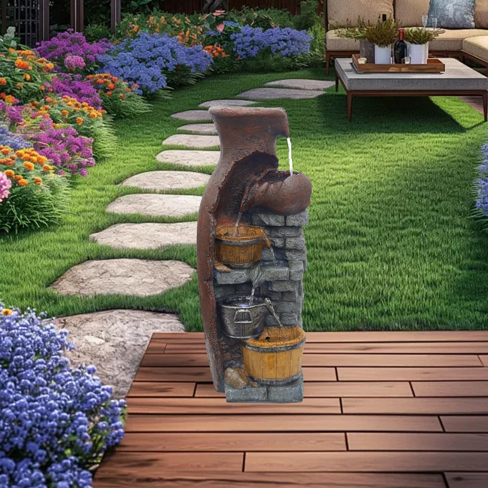 Retro Barrel Water Fountains Indoor 6-Tiered Cascading Waterfall Water Feature 43.31''H Garden