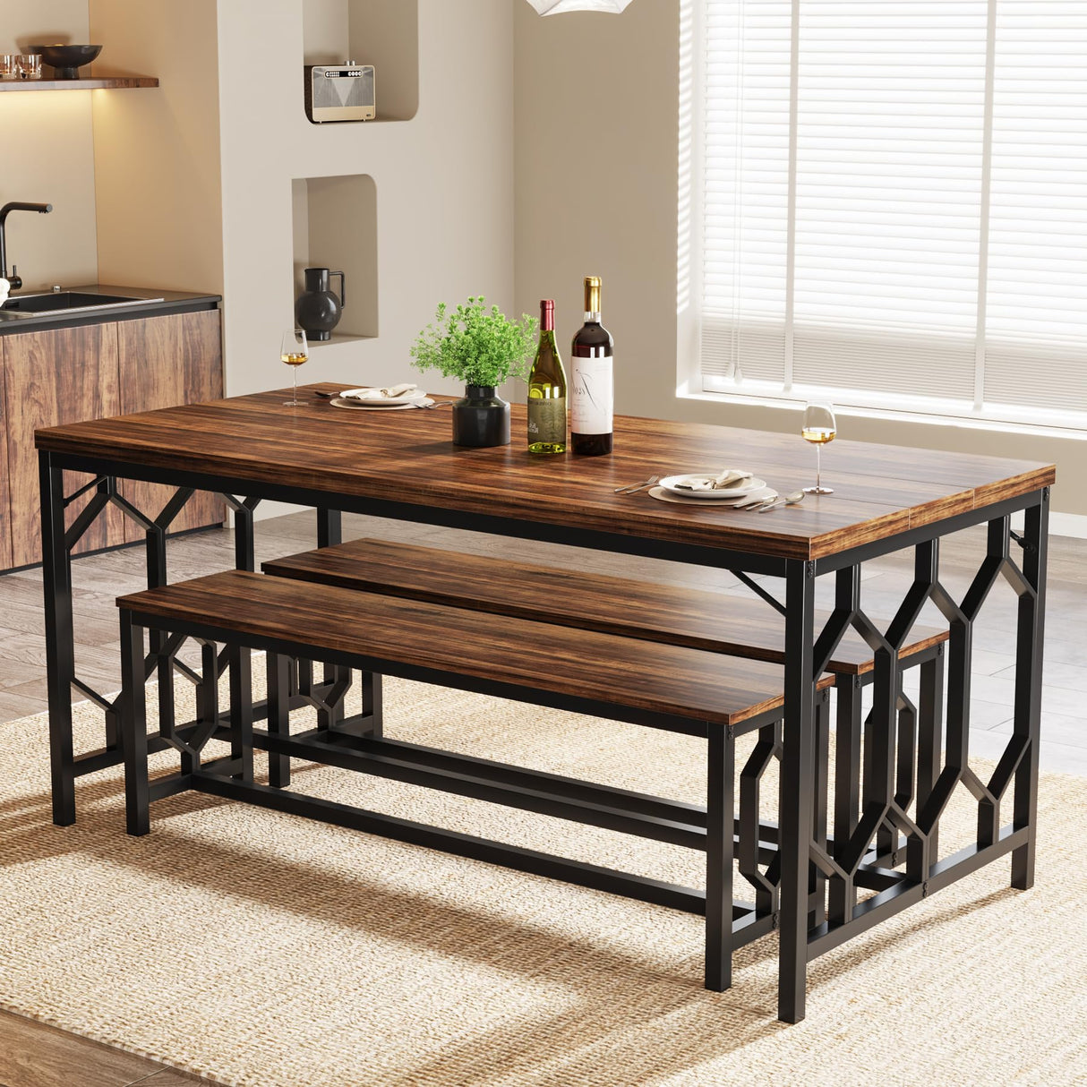 Tribesigns 55-Inch Large Dining Table Set for 4 to 6, Kitchen Breakfast Table with 2 Benches, Rectangular 3-Piece Wood Modern Industrial Bar Table Furniture for Dining Room, Rustic Brown & Black