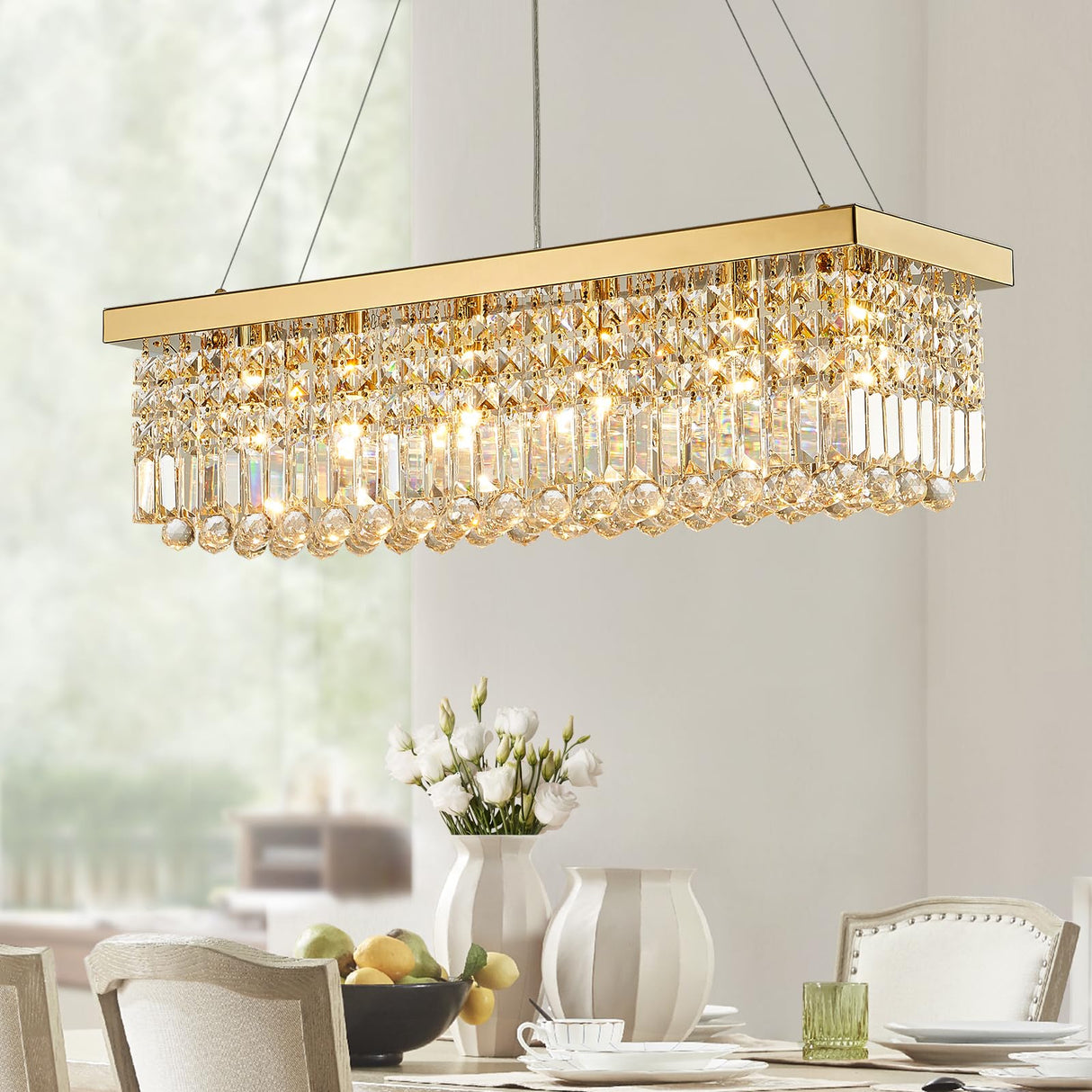 6-Light Modern Crystal Chandelier Rectangular Gold K9 Crystal Raindrop