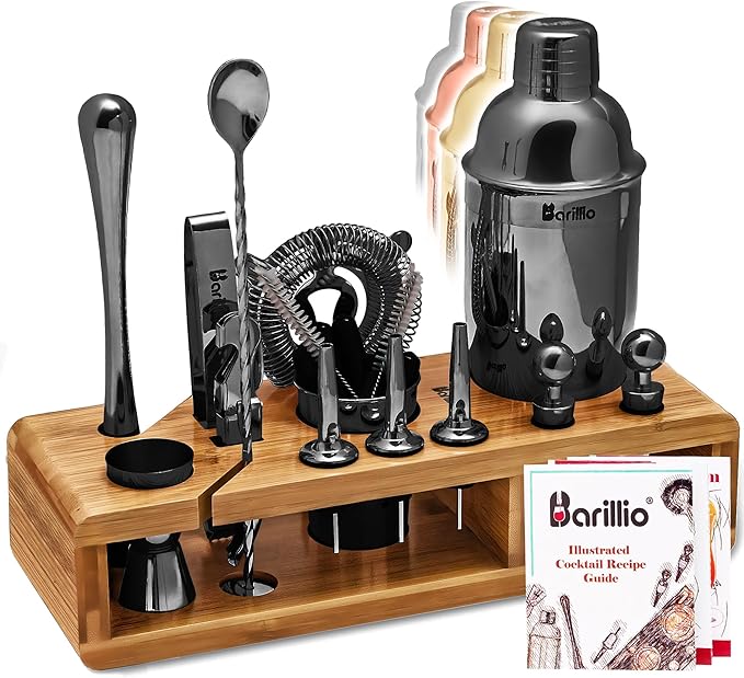 Silver Bartender Kit - Stainless-Steel Cocktail Shaker Set w/Black Bamboo Stand