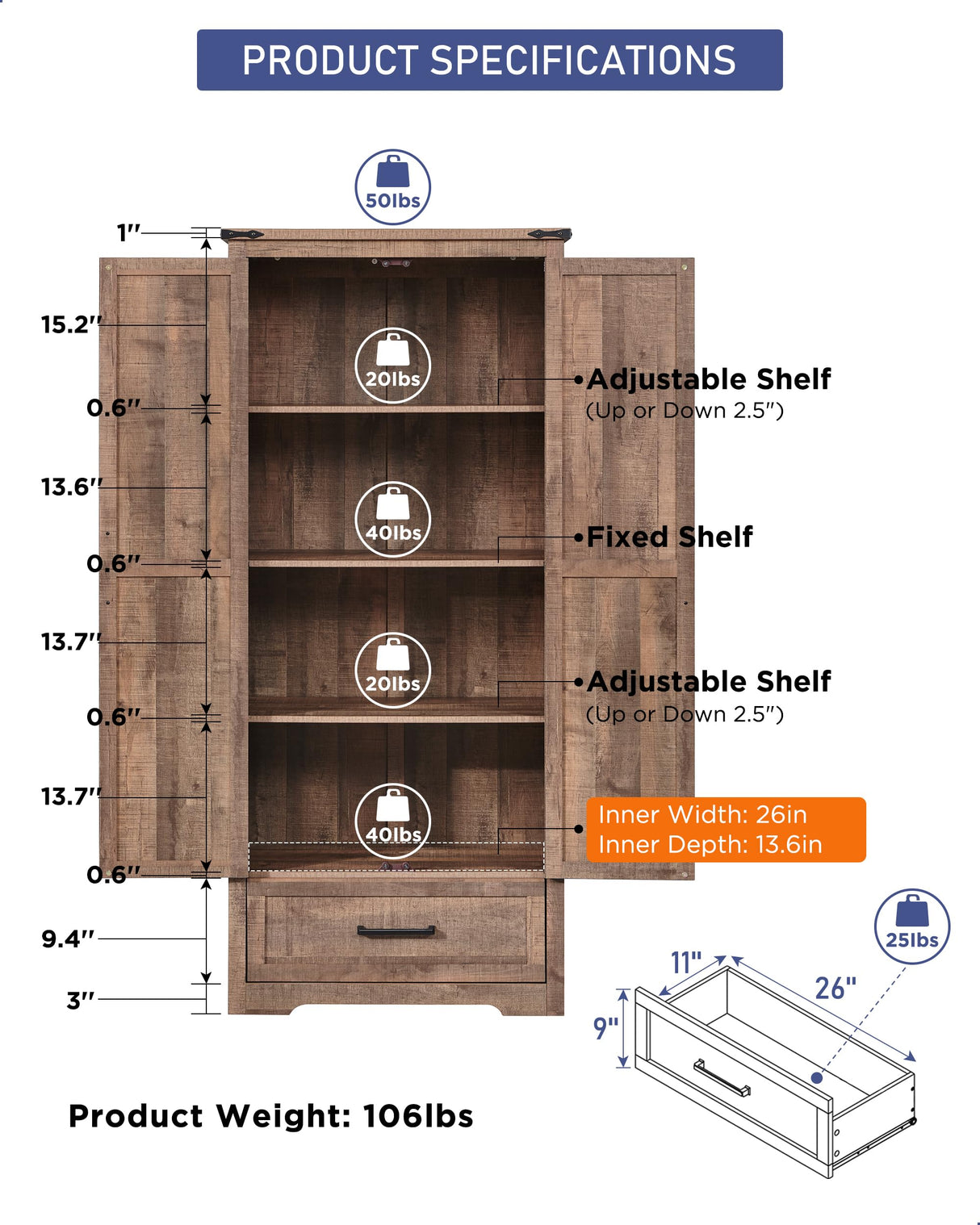 JXQTLINGMU Farmhouse Kitchen Pantry Cabinet - 72" Tall Wood Kitchen Storage Cabinets with Adjustable Shelves & 2 Barn Doors & Drawer, Versatile Storage for Dining Room, Bathroom, Rustic Brown