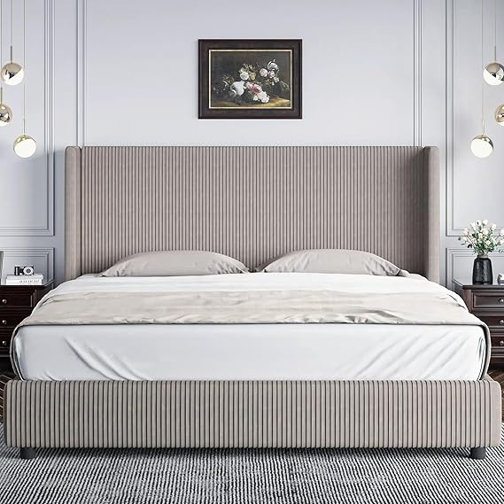 King Size Bed Frame, Upholstered Platform Bed with Vertical Channel Tufted Headboard,