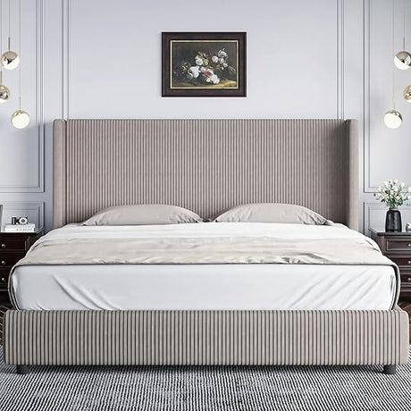 King Size Bed Frame, Upholstered Platform Bed with Vertical Channel Tufted Headboard,