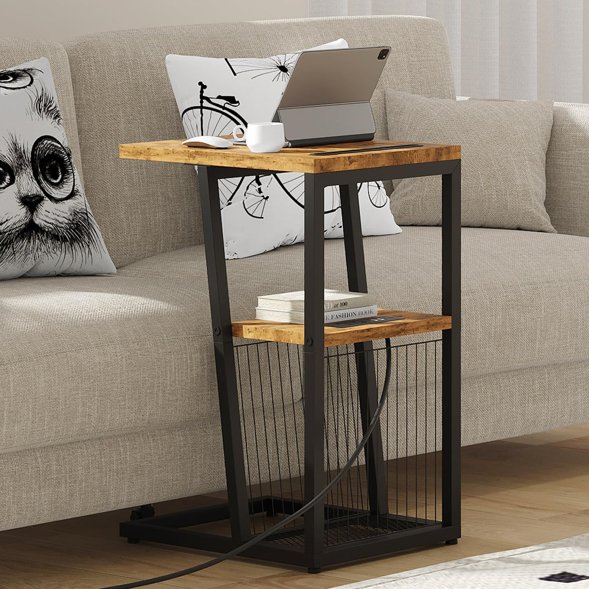 Side Table, C Shaped Nightstand End Table with Charging Station and Phone Holder