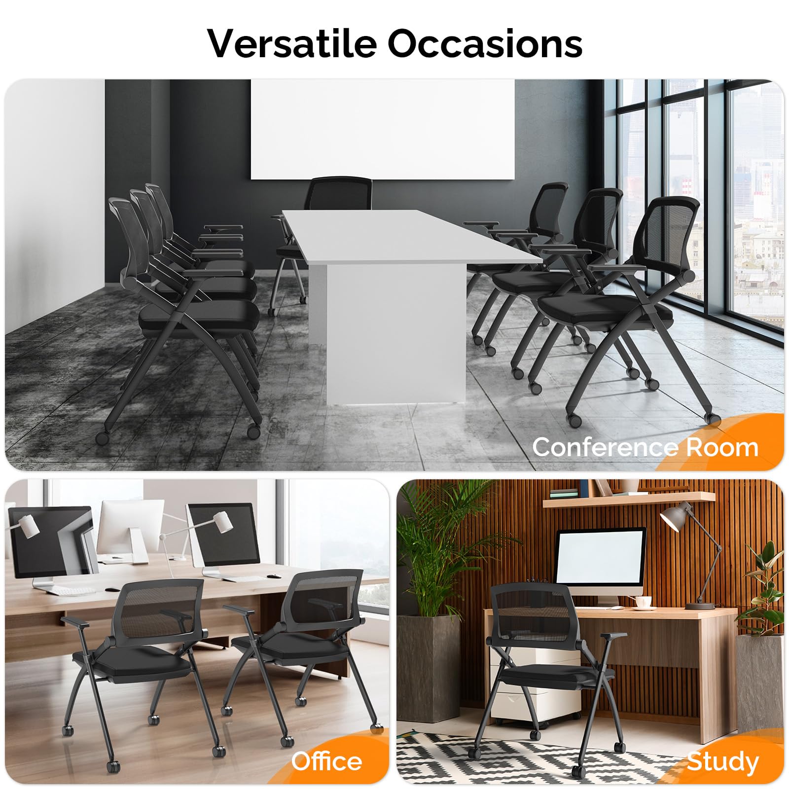 6 Pack Stackable Conference Room Chairs with Wheels, Folding Office Chair
