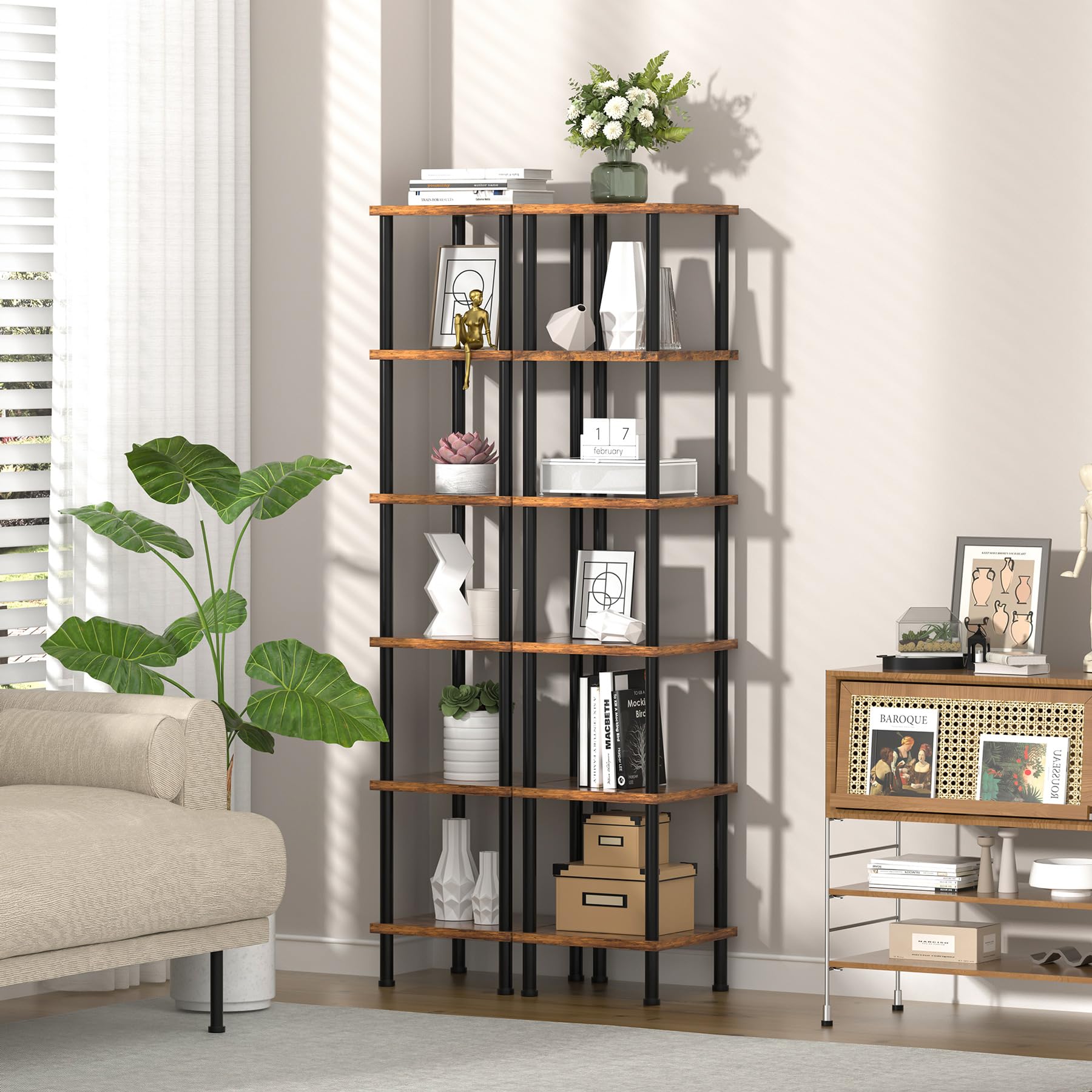 Homedawn Corner Shelf, Corner Bookcase, Industrial 6-Tier Square Shelf Stand Display Rack,Wall Corner Bookshelf,Tall Shelf Plant Stand for Small Spaces, Living Room, Home Office, Kitchen
