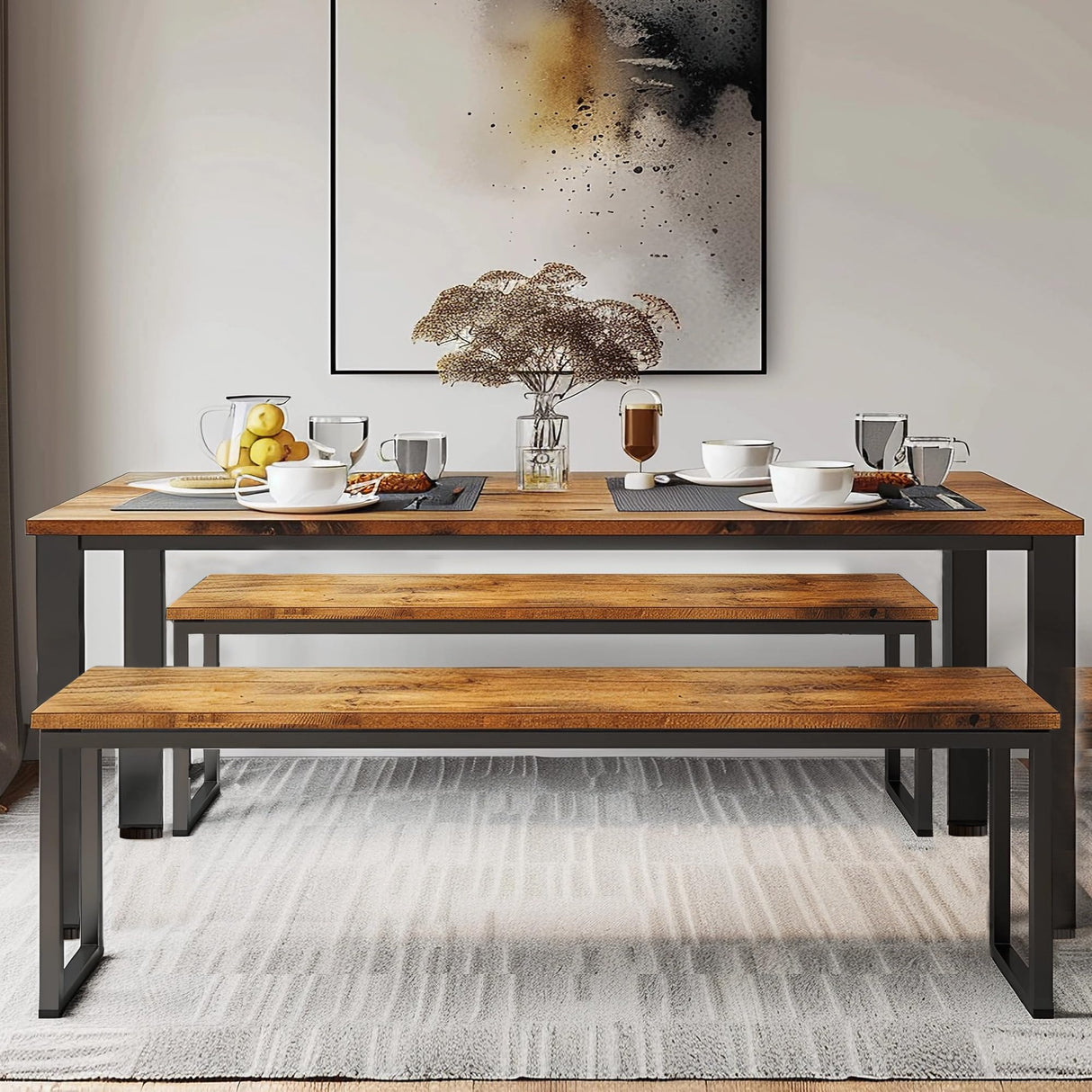 Kitchen Table Set with 2 Benches, Dining Table Set for 4, 3 Piece Dining Room