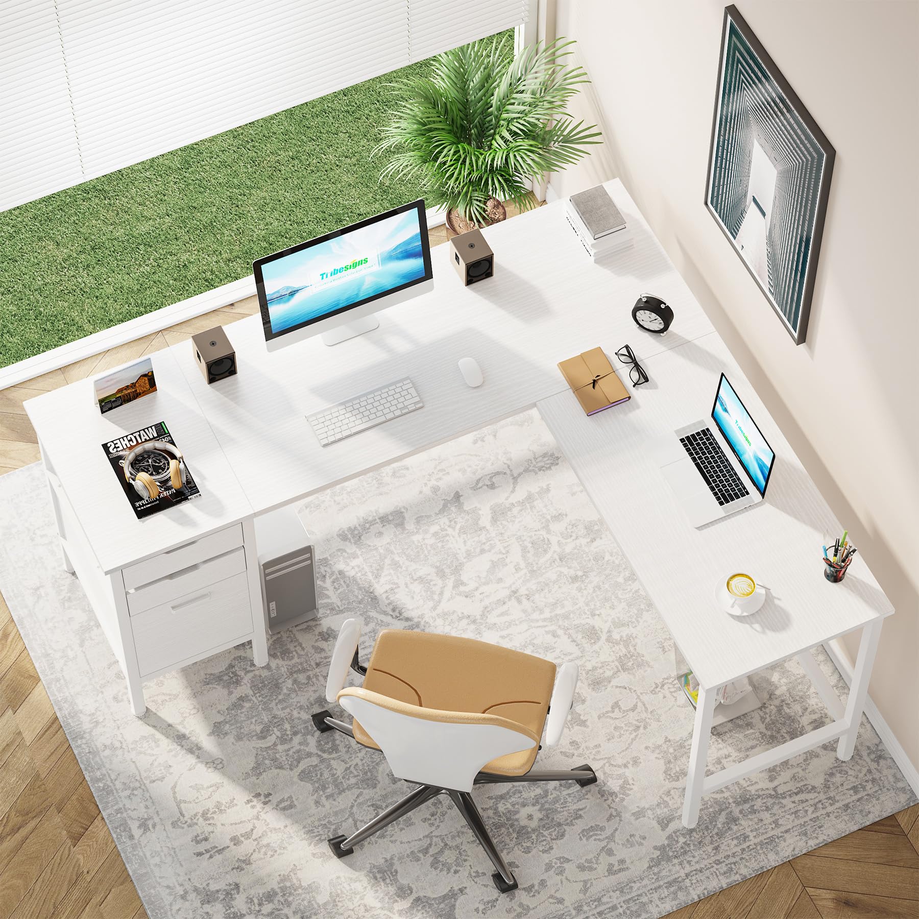 L Shaped Desk with File Drawer Cabinet, 59 Inch Corner Desk L Shaped Computer Desk