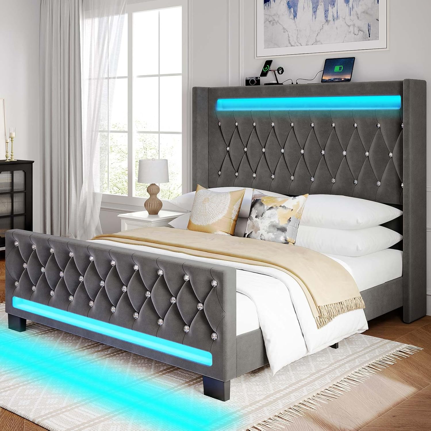 Full Bed Frame with LED Lights and Charging Station