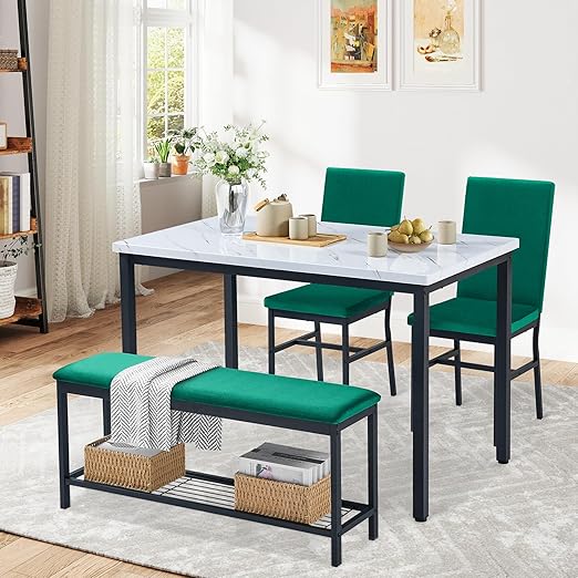 47.2" Faux Marble Dining Table Set for 4 with Velvet Chairs and Bench