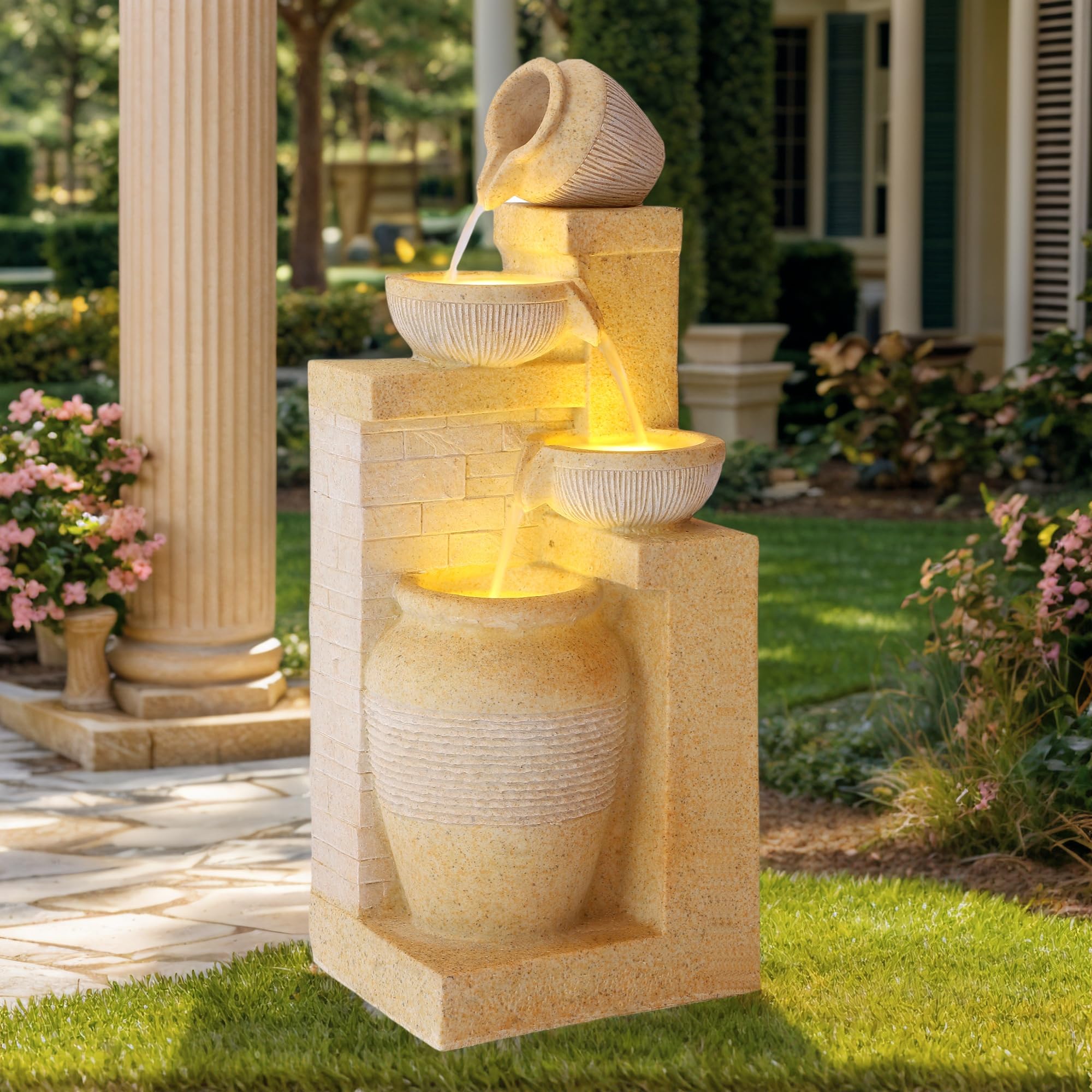 Outdoor 4-Tiers Water Fountain, Garden Cascading Waterfalls Fountain with LED Lights