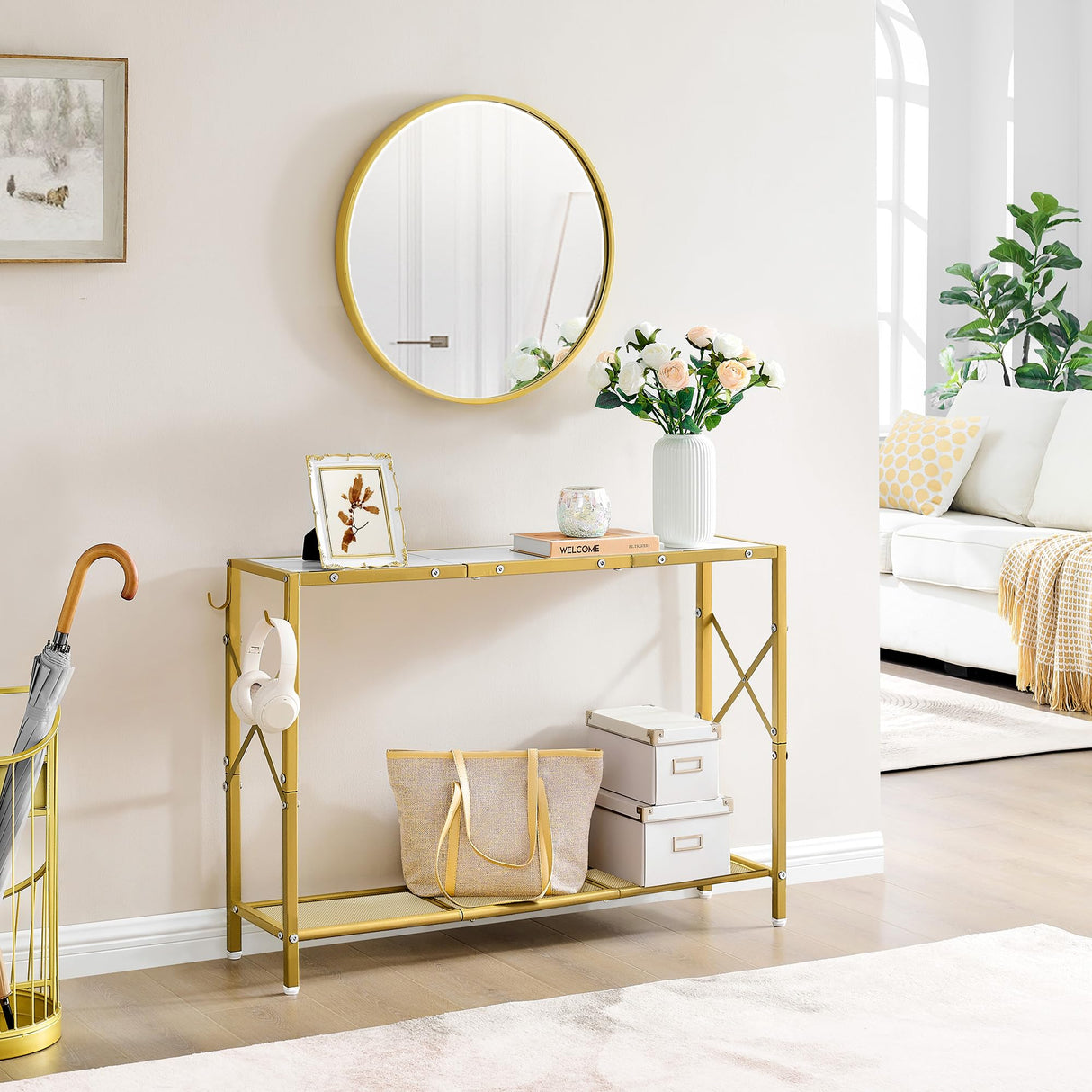 Gold Console Table, 2 Tier Narrow Entryway Table with Shelves and Hooks,