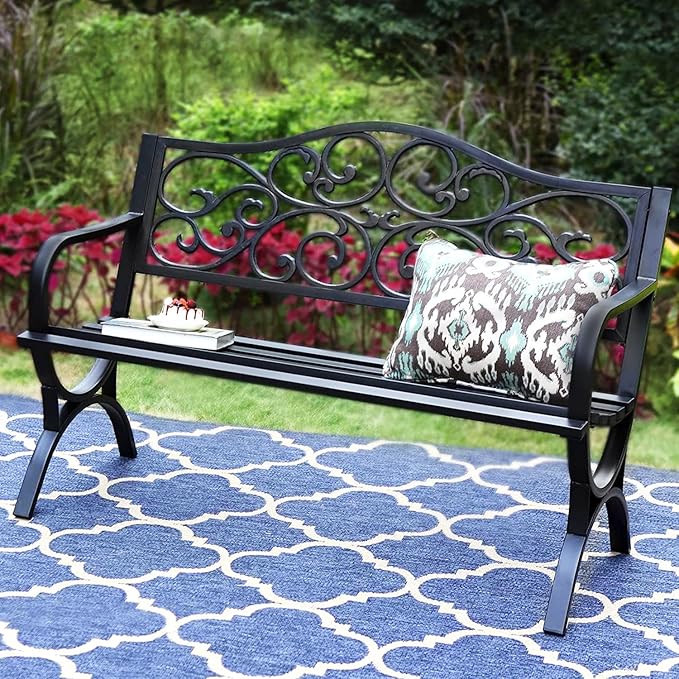 Outdoor Garden Park Bench Patio 50" Metal Bench, Steel Frame Bench