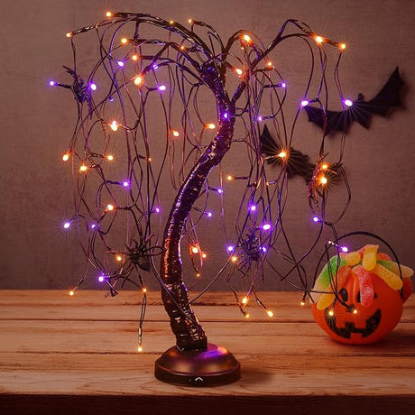 24Inch Halloween Lighted Willow Tree Bonsai Light 80 Orange and Purple LED Lights