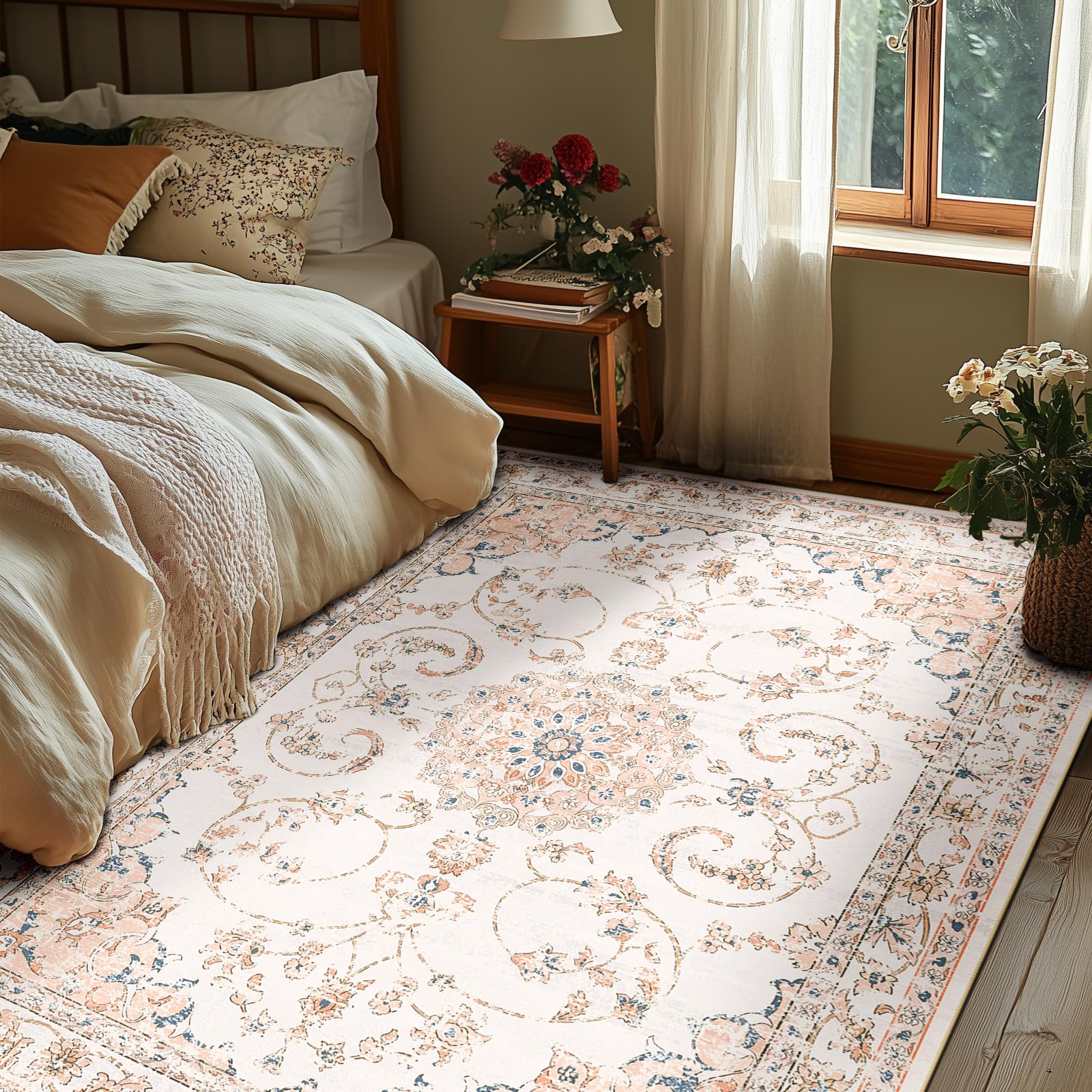 Washable 5x7 Area Rugs for Living Room Low Pile Non Slip Machine, Vintage Floral Rugs