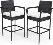 Outdoor Wicker Bar Stools Set of 2, Patio Wicker Counter Stools with Armrest & Backrest