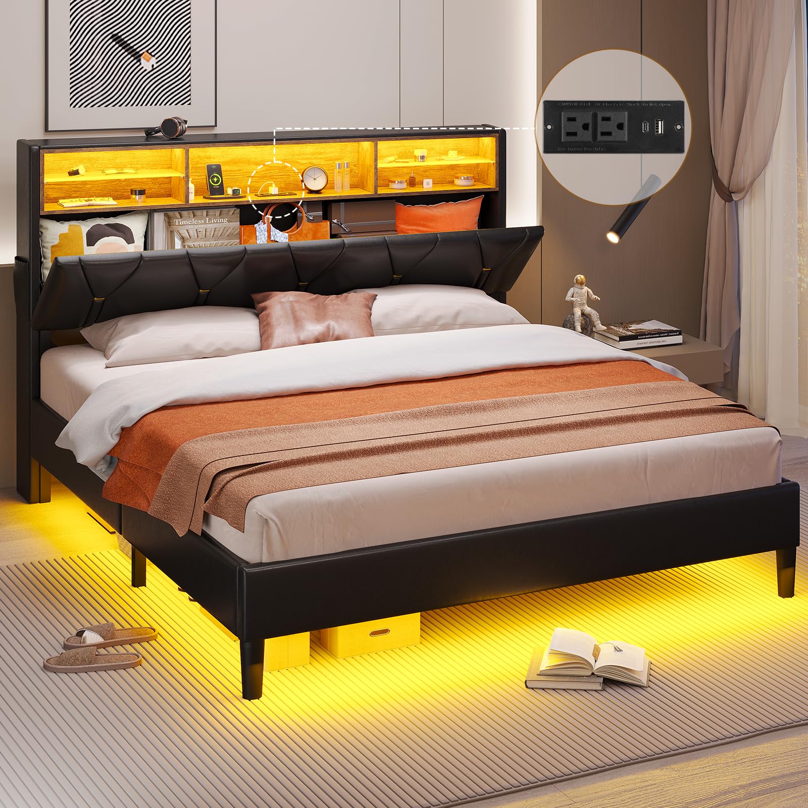 Queen Bed Frame with Storage Headboard and RGB LED Lights