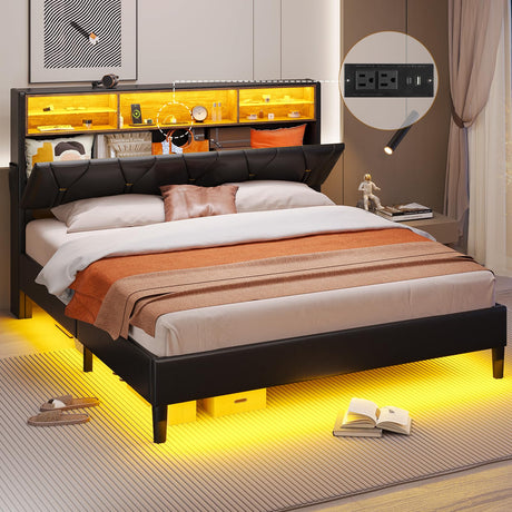 Queen Bed Frame with Storage Headboard and RGB LED Lights, PU Leather Platform Bed