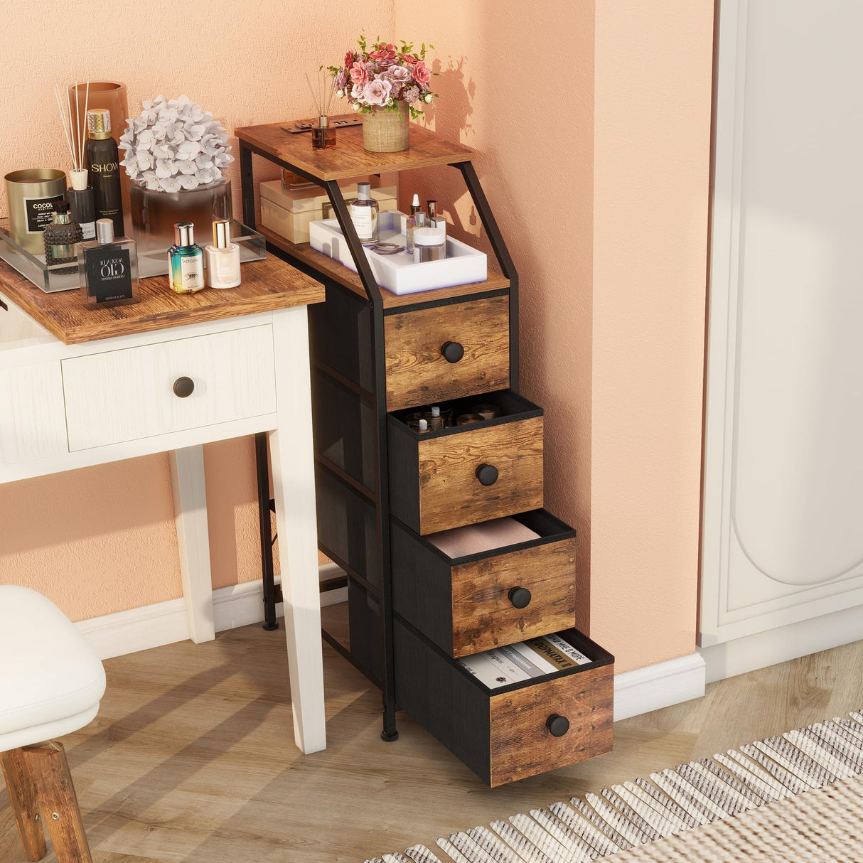 Dresser Tall Skinny Storage Tower Vertical Slim Chest of Drawers with Charging Station Small Nightstand Side Table for Bedroom, Bathroom, Small Spaces (Rustic Brown, 4 Drawers)