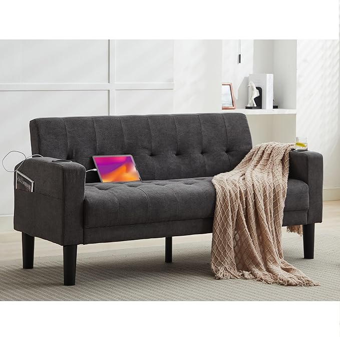 Sofa Couch 62" W Loveseat w/ 2 USB Charger Ports & 2 Cupholder