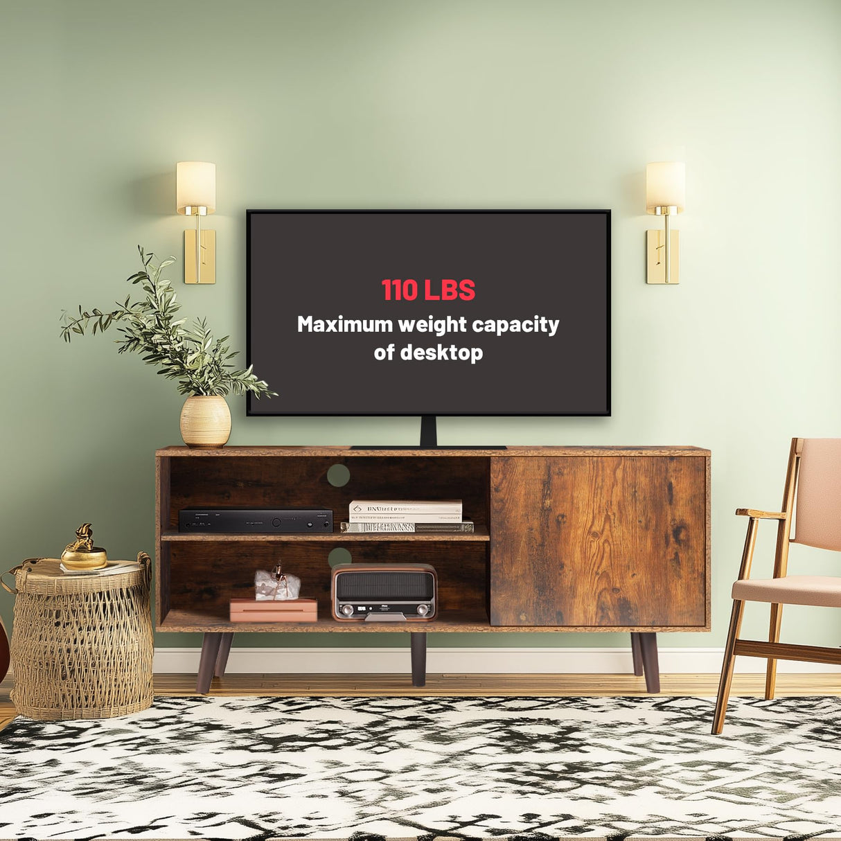 55 Inch TV, Retro Brown Wood Television Stand 1 Cabinet Modern Entertainment Center