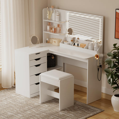 L Shaped Vanity Desk Set with LED 3 Color Lighted Mirror&Power Outlets, Dressing Table with Drawers, Storage Boxes&Shelves, Corner Makeup Vanity with Cushioned Bench for Bedroom (White)