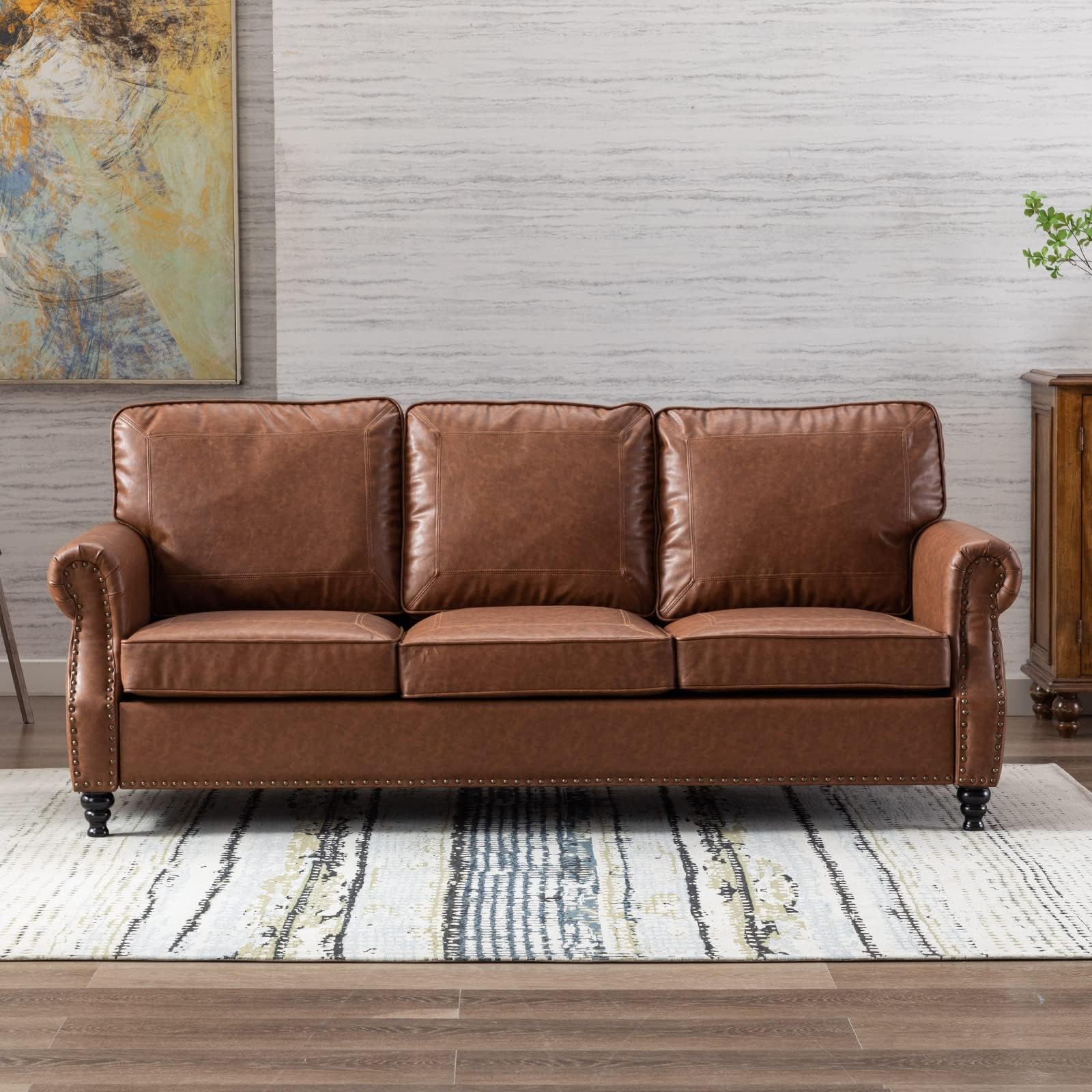 79'' Traditional Faux Leather Sofa Couch with Nailhead Trim, Classic 3-Seater Couch