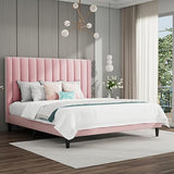 Queen Bed Frame/Velvet Upholstered Platform Bed Frame with Headboard/Strong Wood