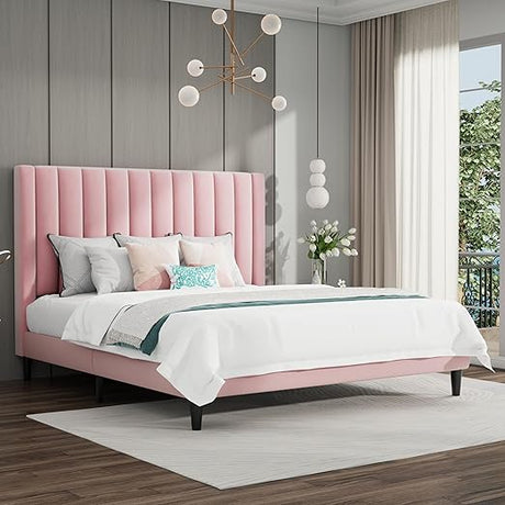 Queen Bed Frame/Velvet Upholstered Platform Bed Frame with Headboard/Strong Wood