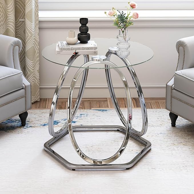 Silver Glass End Table for Living Room, Glass Side Table for Bedroom