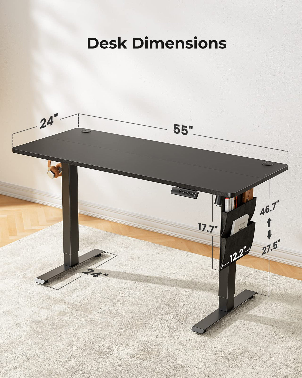 Marsail Stand up Desk, 55x24 Inch Standing Desk Adjustable Height, Electric Standing Desk, Sit Stand Desk with Headphone Hook for Computer Gaming Desk Home Office Desk