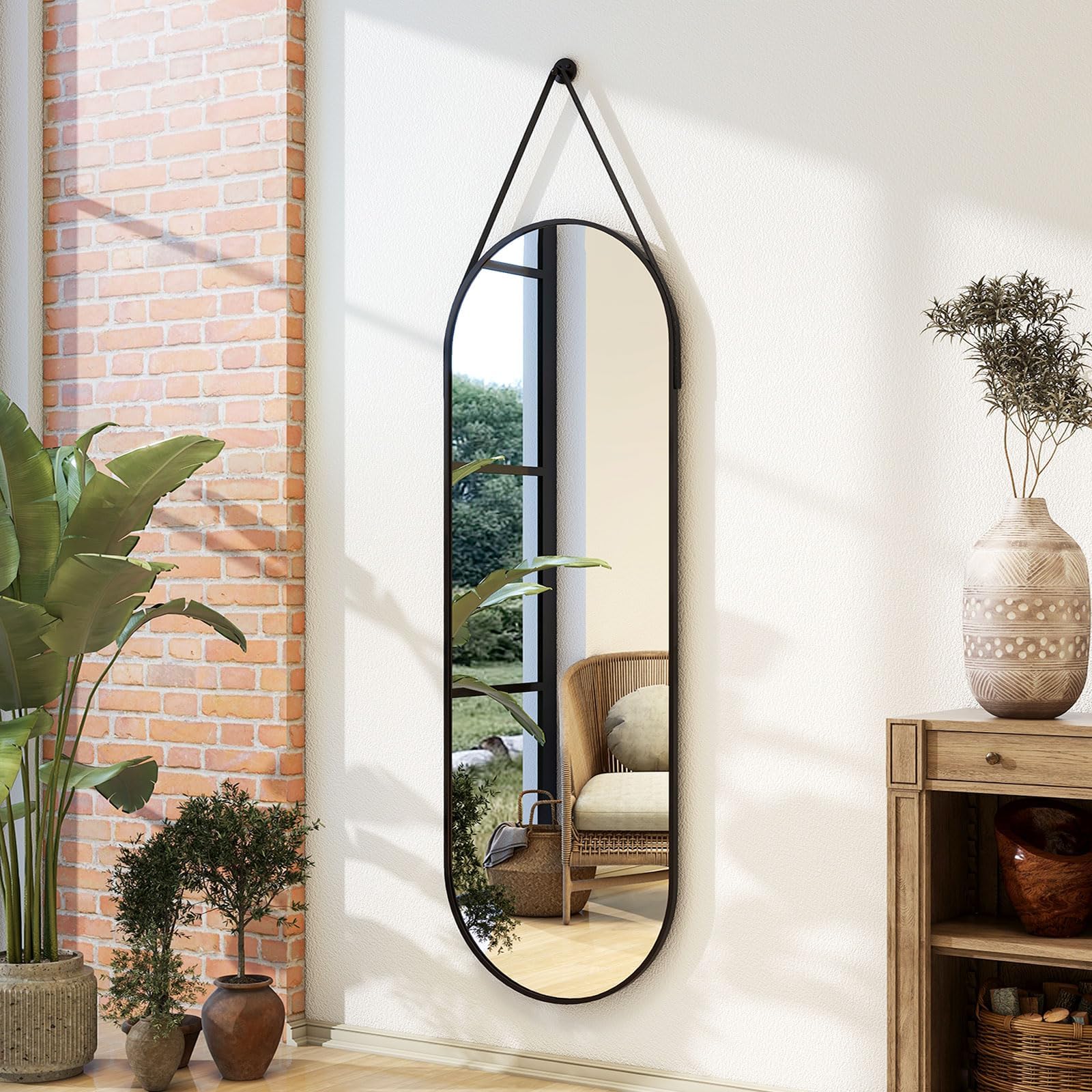 Full Length Oval Mirror 16x48 - Wall Mounted with Leather Hanging Strap