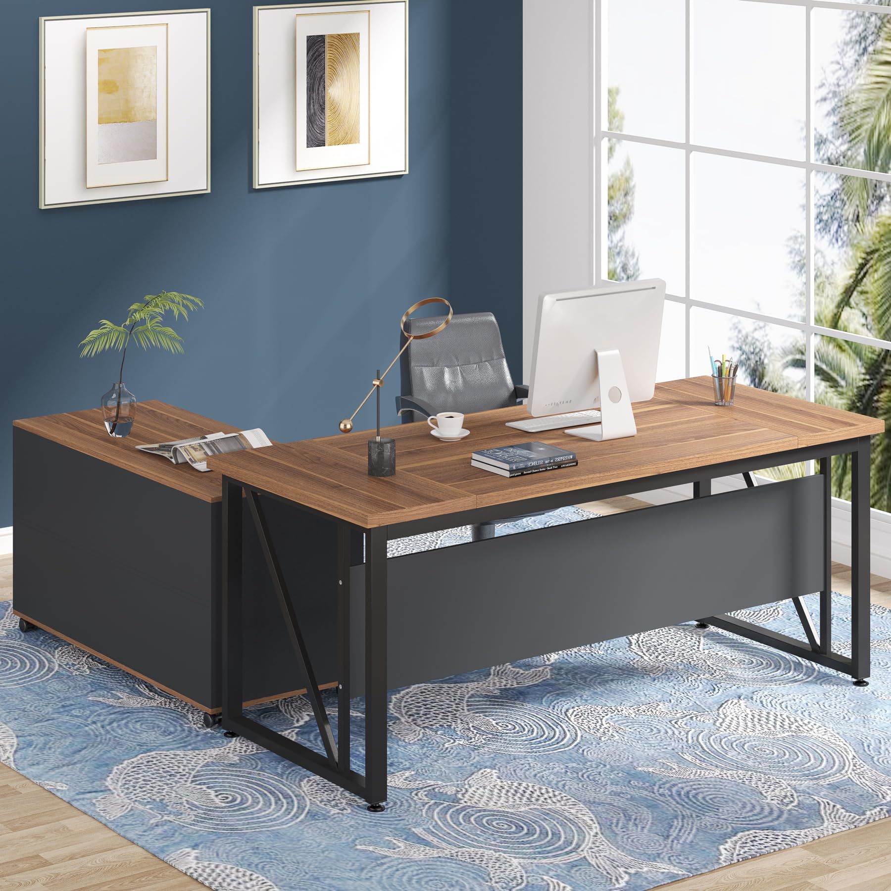63 inches Executive Desk and 47" lateral File Cabinet, L-Shaped Computer Desk