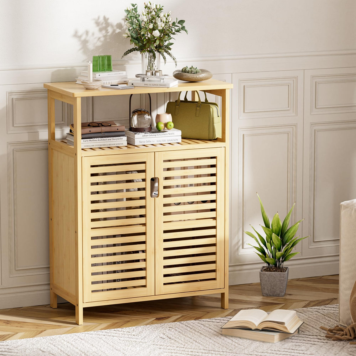 Bathroom Cabinet Freestanding, Bamboo Storage Cabinet 4-Tier Floor Cupboard