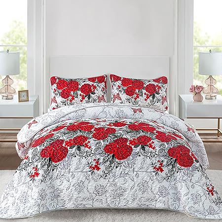 Floral Quilt Set Queen Size Elegant Purple Rose Bedding Bedspreads